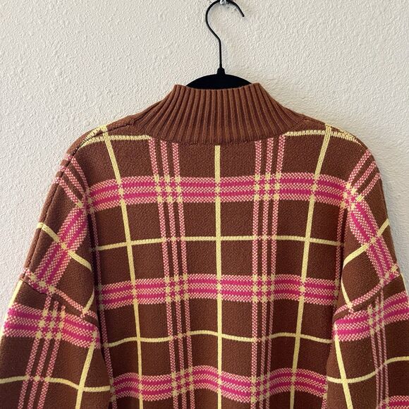 Lisa Says Gah Sweater Size XS/SM Brown Plaid Turtleneck Boxy Retro 70's Twee - Picture 6 of 11